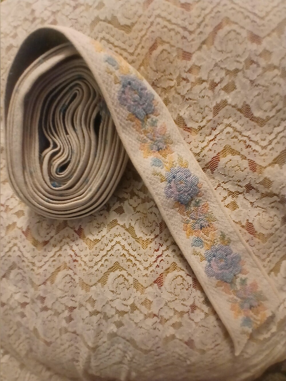 Vintage  Embroidered Floral Trim Ribbon in Cream Pastel Blue 2" Wide X 6 Yardd